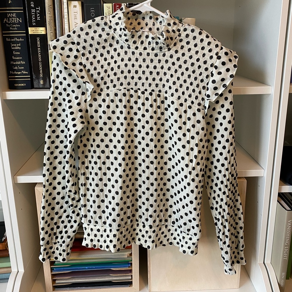 Smock Top White and Black Polka Dot Stretch Blouse